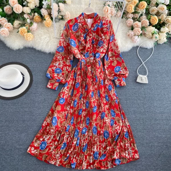 LE2556 Chic Holiday Pleated Midi Womens Dresses Bow V-Neck Bubble Sleeve Floral Print Dress Elastic Waist Chiffon Casual Dress