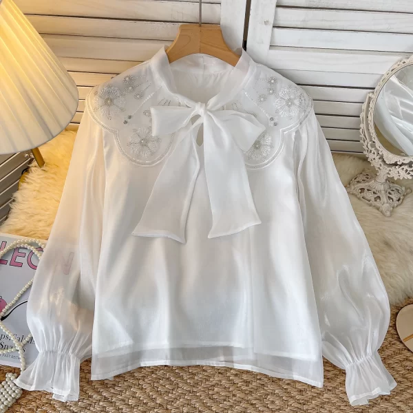 LW0352 French Gentle Atmosphere Lotus Sleeve Shirt Mesh Bow Embroidery Diamond Design Blouses Elegant Women