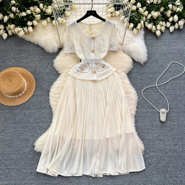 LE2457 Women Boutique Lace Midi Dresses Embroidery Pleated Long Dress Socialite Holiday Party Hollow Hook Flower Casual Dress