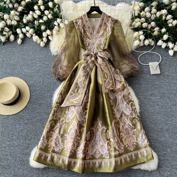 LE2462 Vintage Print Dress Ethnic Style Socialite Dinner Party Maxi Flowers Dress Women Elegant Lady Gauze Belted Evening Robe