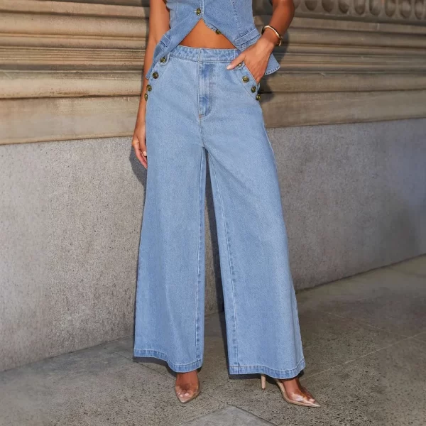 2025 Fashion Temperament New Button Sleeveless Vest Wide Leg Jeans Denim Suit