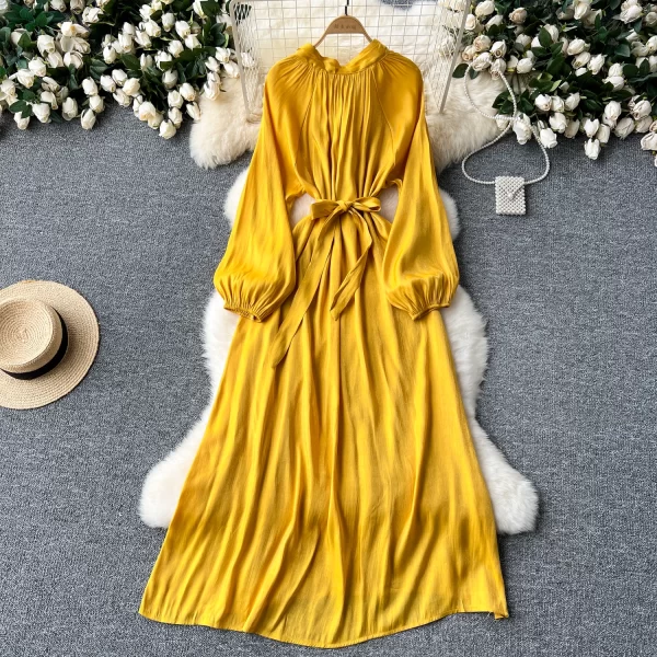 LE2446 Mature Boutique Ladies Evening Gown Niche Belted Stand Collar Long Sleeve Long Dresses Elegant Pendant Streamer Dress