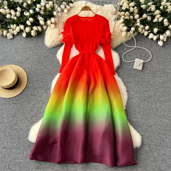 LE2528 Vintage Loose Long Evening Gown O-Neck Flower Buds Sleeve Gradual Color Pleated Dress Female Large Size Socialite Dress