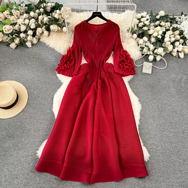 LE2510 Fringe V-Neck Pleated Midi Woman Dresses Loose Fold Flare Sleeves Evening Gown Lady Boutique Socialite Holiday Dress