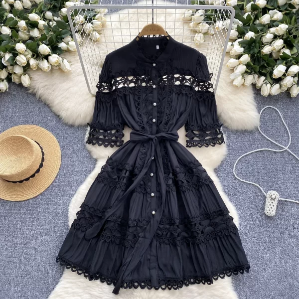 LE2574 Court Style Women Boutique Lace Elegant Party Dresses Hollow Hook Flower Lace Patchwork Mini Dress A-Line Female Dresses