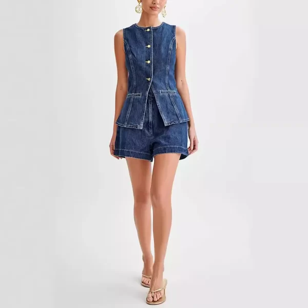 Summer Fashion Casual Sleeveless High Waisted Women's Suit Denim Shorts Suit