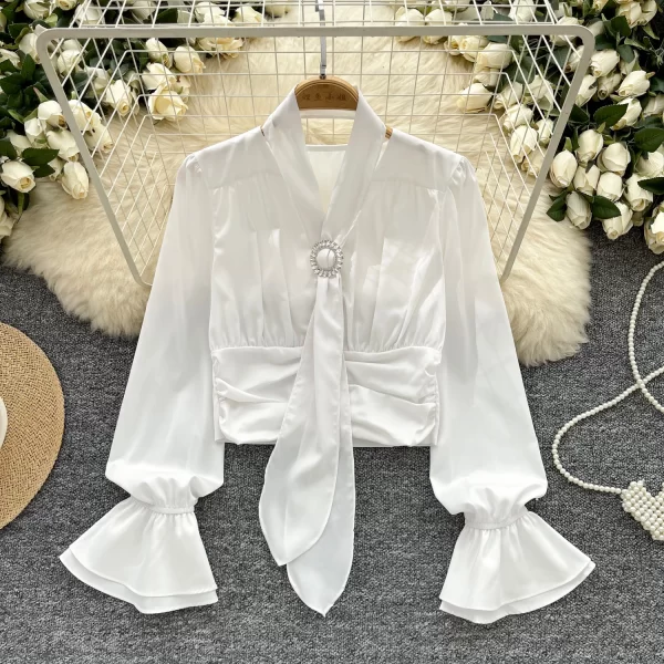 LW0357 Light Luxury Blouse Women'S Satin Ribbon Halter Fold Waist Waist Short Flared Sleeve Tops for Women Casual