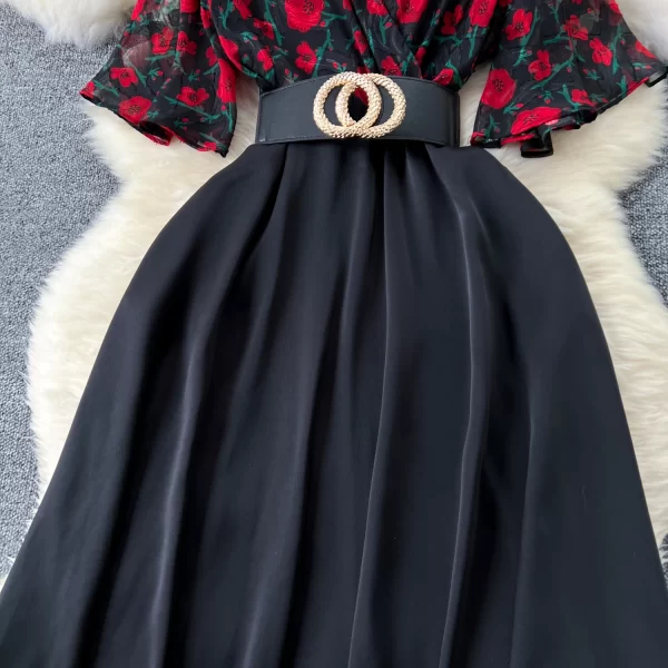LE2443 Mature Commuter Midi Women'S Dress V-Neck Short Sleeve Print Patchwork Belted Long Dresses Office Party Casual Dress