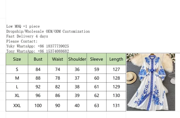 LE2526 Retro Blue and White Porcelain Printed Dresses Stand Collar Single Breasted Dress Elegant Temperament Long Robe