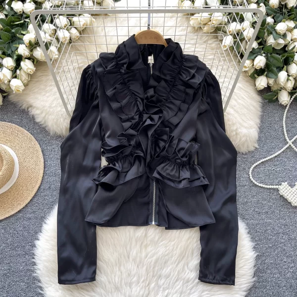 LW0354 2025 Spring Vintage Shirt Female Autumn Fungus Edge Zipper Light Luxury Royal Sister Blouse Blouses Elegant Women Ladies