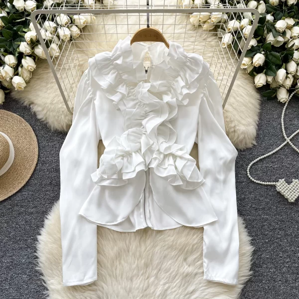 LW0354 2025 Spring Vintage Shirt Female Autumn Fungus Edge Zipper Light Luxury Royal Sister Blouse Blouses Elegant Women Ladies