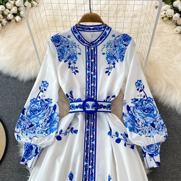 LE2526 Retro Blue and White Porcelain Printed Dresses Stand Collar Single Breasted Dress Elegant Temperament Long Robe