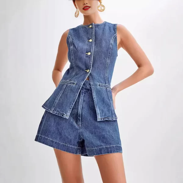 Summer Fashion Casual Sleeveless High Waisted Women's Suit Denim Shorts Suit