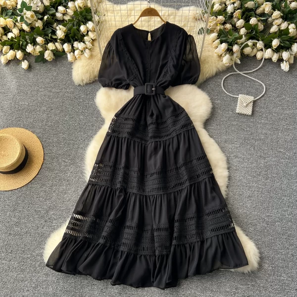 LE2570 Boutique Socialite Party Dress Short Sleeve Woman Exquisite Hollowed-Out Hook Flower Lace Patchwork Midi Evening Dresses
