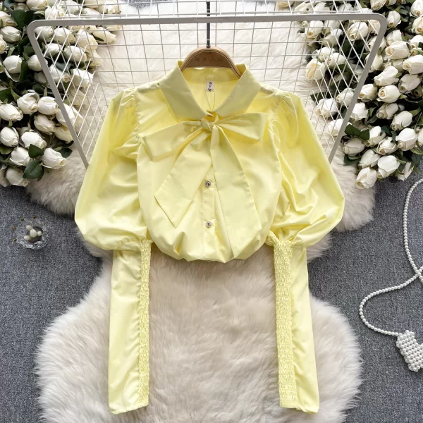 LW0516 Senior Sense of Shirt Women Sweet Bow Collar Slim Fit Design Sense of Leg of Lamb Sleeve French Top New Style