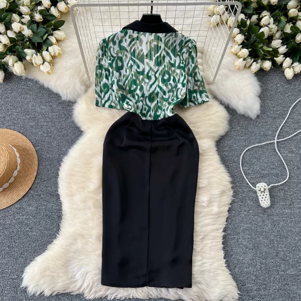 LE2442 Commuter Ladies Midi Women'S Dress Woman Temperament V-Neck Short Sleeve Print Splicing Fold Slim-Fit Wrap Hip Dresses