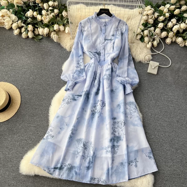 LE2444 Retro Ruffled Casual Dress Women 2025 Irregular Printing Long Dress Holiday Party Evening Gown Office Party Casual Dress
