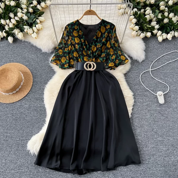 LE2443 Mature Commuter Midi Women'S Dress V-Neck Short Sleeve Print Patchwork Belted Long Dresses Office Party Casual Dress