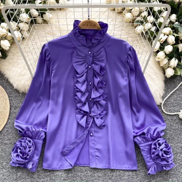 LW0520 Vintage Senior Sense Standing Collar Shirt Women Wooden Ear Edge Three-Dimensional Flower Design Shirts for Women