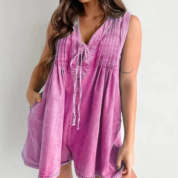 New Women Deep V Neck Lace-up Denim Jumpsuit Shorts Rompers Female Pleated Sleeveless One-piece Trousers