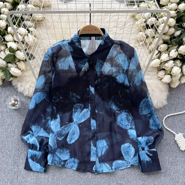 LW0514 Chiffon Shirt Women Design Lace Lace Color Patchwork Butterfly Print Thin Blouses Elegant Women Ladies