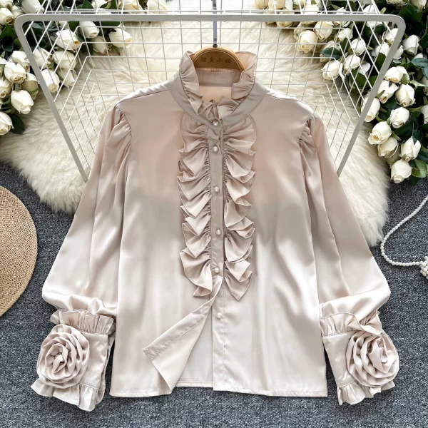 LW0520 Vintage Senior Sense Standing Collar Shirt Women Wooden Ear Edge Three-Dimensional Flower Design Shirts for Women