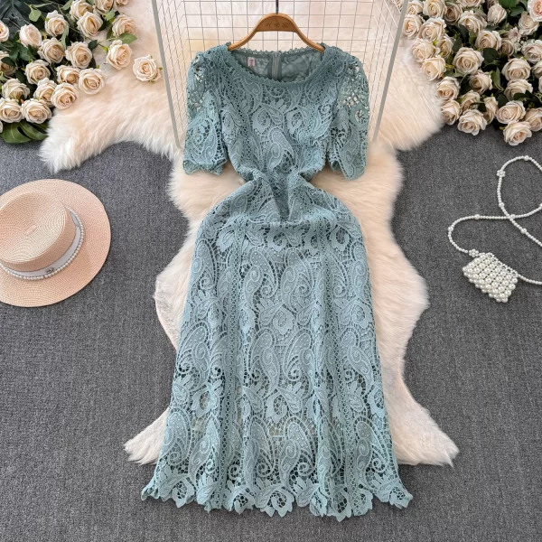 LE2433 Temperament Hollow Hook Flower Office Lady Dresses Woman Holiday Party Lace Dress Elegant Boutique Embroidery Midi Dress