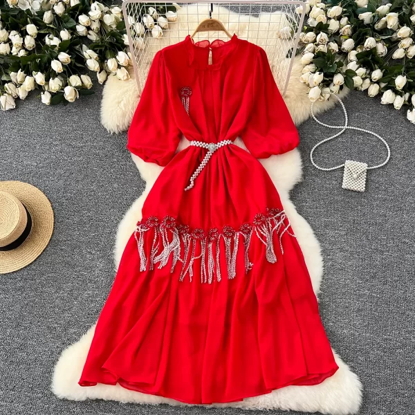 LE2549 Gentle Chiffon Casual Dress Woman Three-Dimensional Flower With Diamond Fringe Lantern Sleeve Midi Dress Lady Long Dress
