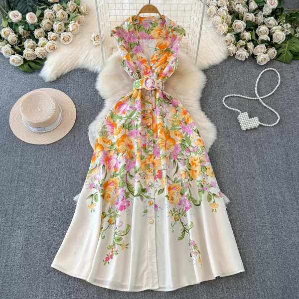 LE2558 2025 Women'S Boutique Maxi Printed Dresses Ladies Runway Suit Collar Flowers Long Dress Sleeveless Casual Holiday Dress