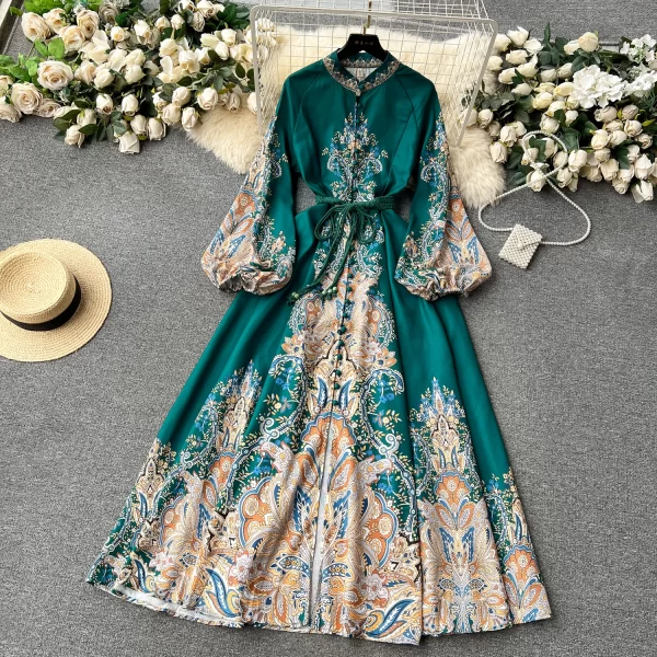 LE2467 Ethnic Style Loose Evening Gown Vintage Maxi Printed Dresses Woman O-Neck Flared Long Sleeve Dinner Long Dresses