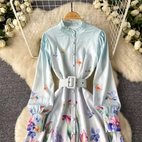 LE2561 Autumn 2025 Printed Dresses Ethnic Lantern Long Sleeve Ruffled Collar Holiday Maxi Dress Women'S Boutique Evening Gown