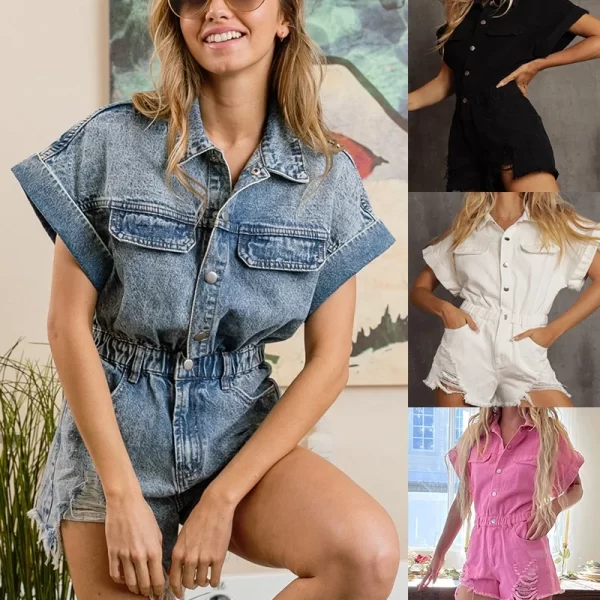 2025 Fashion Ripped Denim Jumpsuit Short Sleeve Short Jumpsuit Street Women's Button Jumpsuit