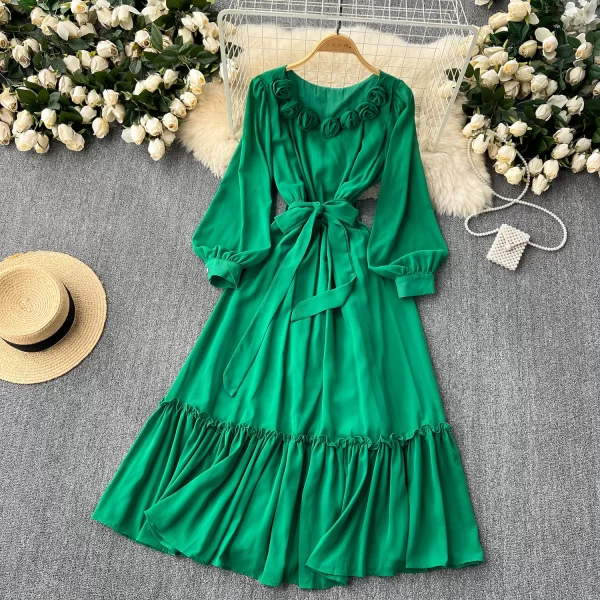 LE2499 Romantic Chiffon Midi Casual Dress Lady Elegant Three-Dimensional Flower Lantern Long Sleeve Evening Rob Ruffled Dresses