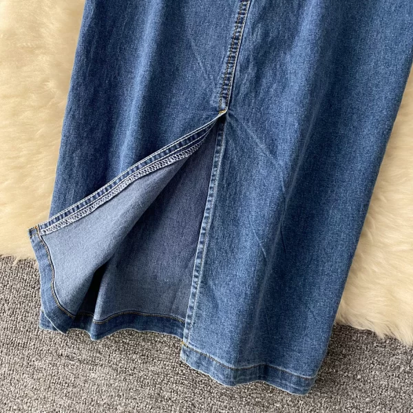 LE2488 Korean Midi Casual Denim Dress Simple Polo Collar Denim Dress Female Summer Belt Slim Slit Design Temperament Long Dress