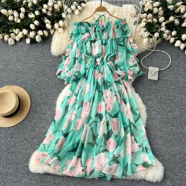 LE2438 Holiday Flowers Printed Dress Woman Off-The-Shoulder Ruffled Chiffon Long Dress Beach Vacation Party Flowing Dress Robe