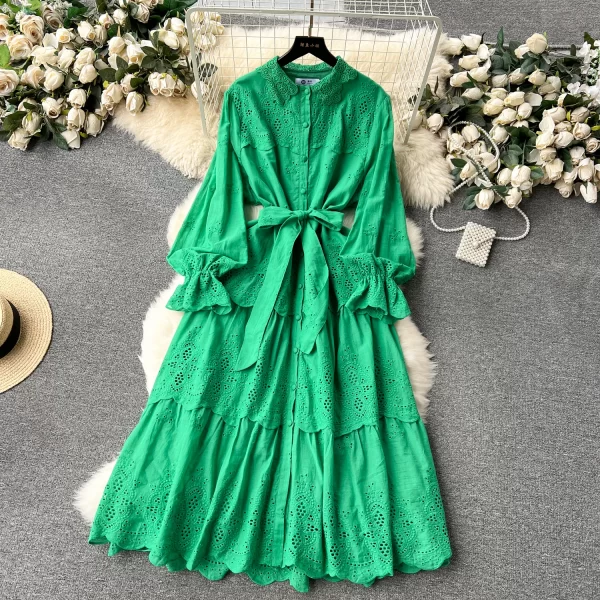 LE2548 Pastoral Style Embroidery Robe Lace-Up Midi Holiday Casual Dresses Woman Ethnic Socialite Party Long Gown