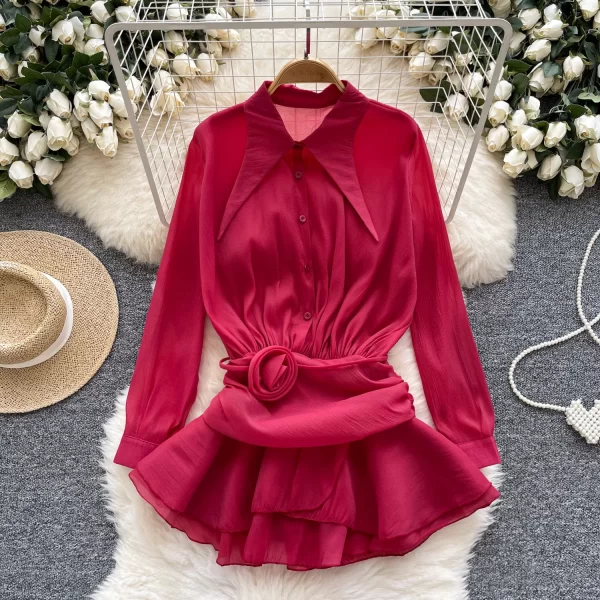 LW0366 Niche Pleated Lotus Swing Patchwork Receiving Waist Lapel Long Sleeve Chiffon Shirt Lady Blouses Elegant Women Ladies