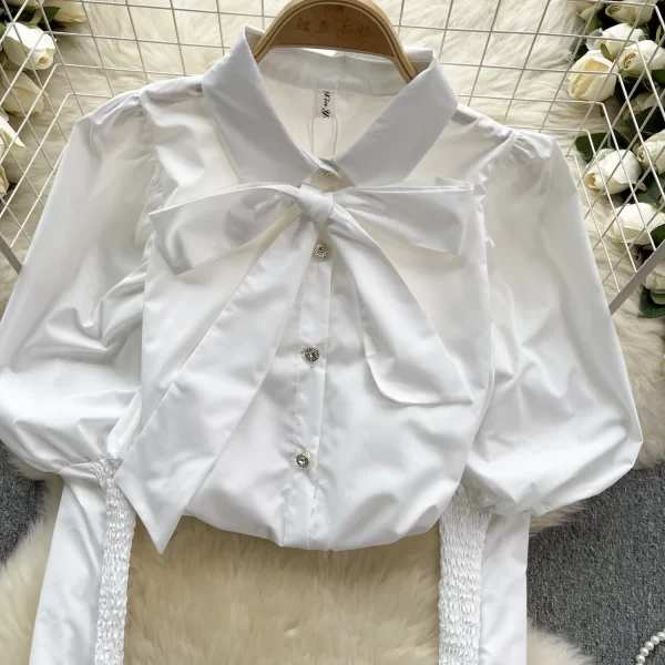 LW0516 Senior Sense of Shirt Women Sweet Bow Collar Slim Fit Design Sense of Leg of Lamb Sleeve French Top New Style
