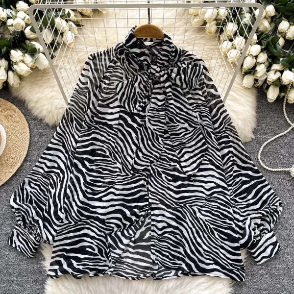LW0596 Women'S Breezy Print Chiffon Blouse Women'S Design With Bow Bow Lace-Up Top Blouses Elegant Women Ladies