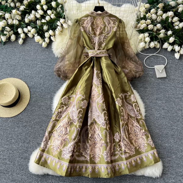 LE2462 Vintage Print Dress Ethnic Style Socialite Dinner Party Maxi Flowers Dress Women Elegant Lady Gauze Belted Evening Robe