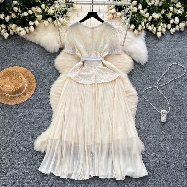 LE2457 Women Boutique Lace Midi Dresses Embroidery Pleated Long Dress Socialite Holiday Party Hollow Hook Flower Casual Dress