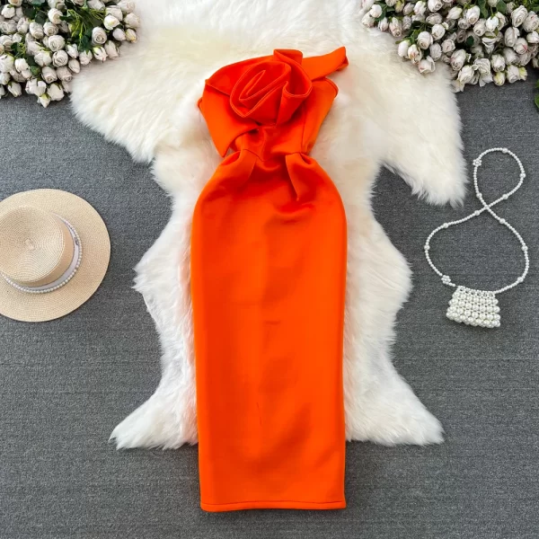 LE2530 Fashion Socialite Midi Evening Dress Three-Dimensional Flower Long Air Cotton Bag Buttock Dresses Woman Hip Wrap Dress