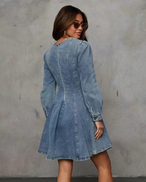 Fashion Casual Splicing Receiving Waist Women's Denim Long Sleeve Dresses
