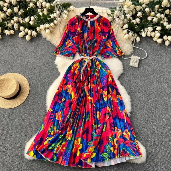 LE2523 Loose Maxi Floral Print Dress Woman Hollow Diamond-Bordered Belted Large Size Pleated Evening Dress Socialite Party Robe