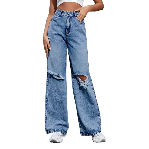 New Fashion Light Blue Ladies Distressed Jeans Softener Fabric With Zipper and Bleached Decoration Wide Leg Design