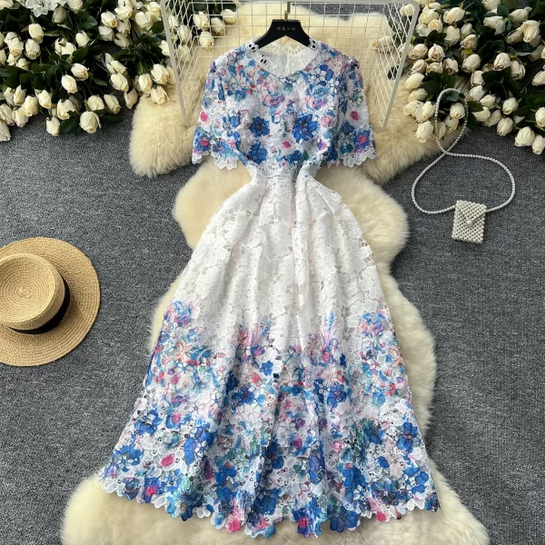 LE2573 Elegant Lace Elegant Party Dresses 2025 Women Boutique Hollow Hook Flower Embroidery Midi Dress A-Line Female Dresses
