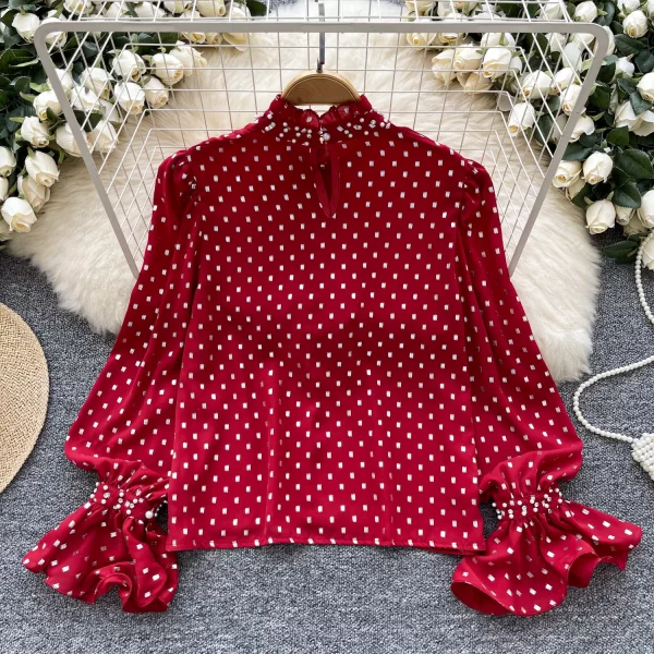 LW0356 202new Light Luxury Polka Dot Print Lotus Sleeve Shirt Women'S Tie With Diamond Design Temperament Blouses for Lady