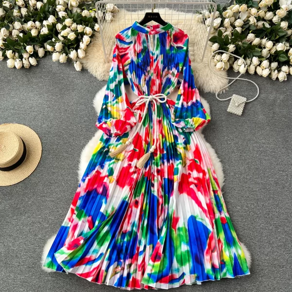 LE2522 Mature Loose Maxi Floral Print Dresses Woman Hollow Office Lady Belted Large Size Long Evening Dress Socialite Party Robe