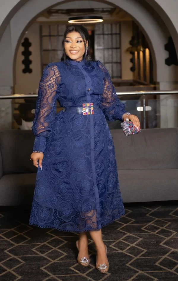 LE2475 Belted Evening Maxi Dresses Autumn Lace O-Neck Temperament Belted Plus Size Long Dress