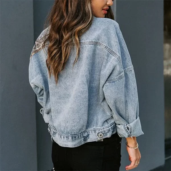 Long Sleeve Jacket Vintage Women's Jacket Leopard Patchwork Ripped Denim Top Casual Cowboy Denim Jacket